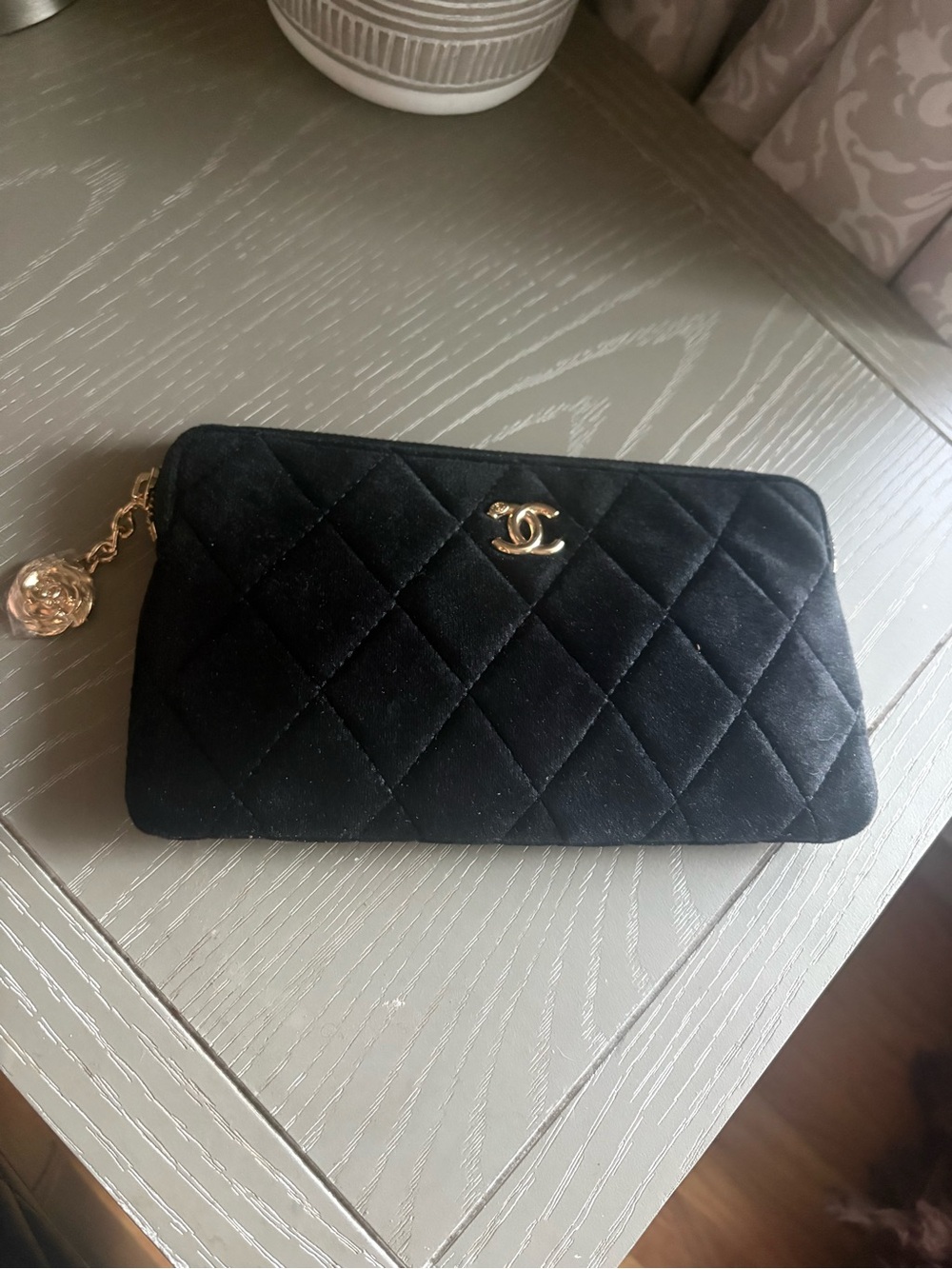 FASHION Black Quilted Velvet Zip Pouch with Gold CC Charm